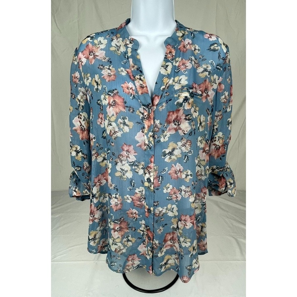 KUT FROM THE KLOTH WOMENS SMALL FLORAL BLOUSE BLUE ROLL TAB SLEEVE LIGHTWEIGHT T